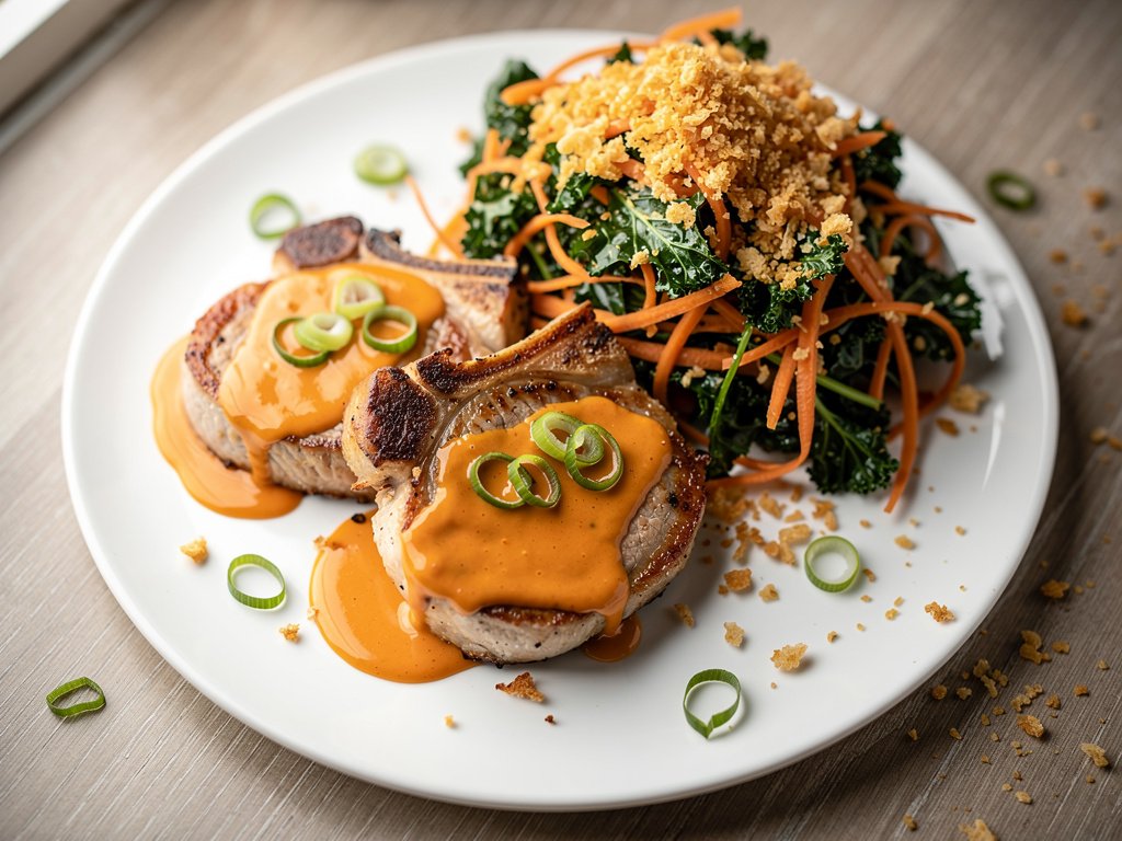 Spicy-Sweet Buffalo Honey Pork Chops with Garlicky Panko Kale