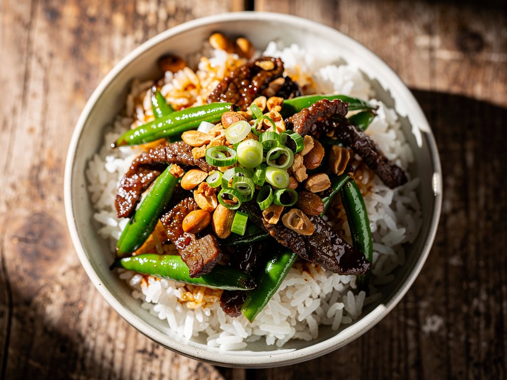Spicy Szechuan Beef and Green Bean Stir-Fry with Ginger Rice and Candied Peanuts
