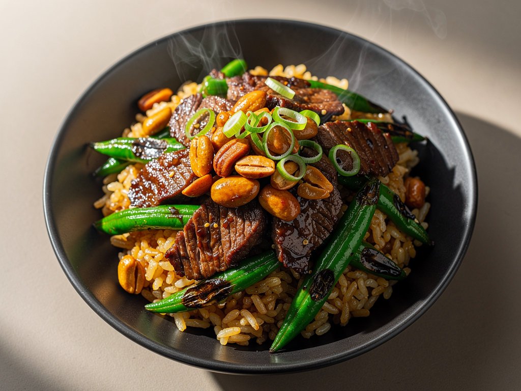 Spicy Szechuan Beef and Green Beans with Ginger Rice and Candied Peanuts