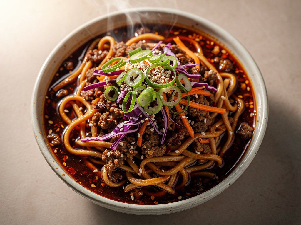 Spicy Szechuan Beef Noodles with Sesame and Scallions