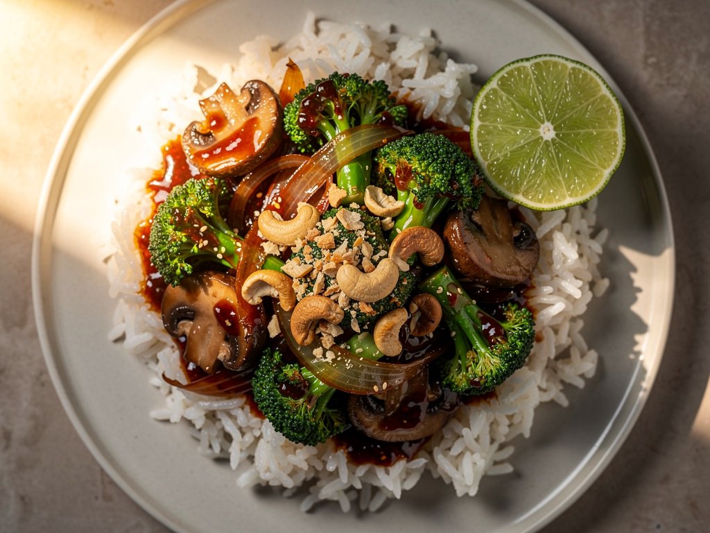 Spicy Szechuan Broccoli and Mushroom Stir-Fry with Cashews and Ginger Rice