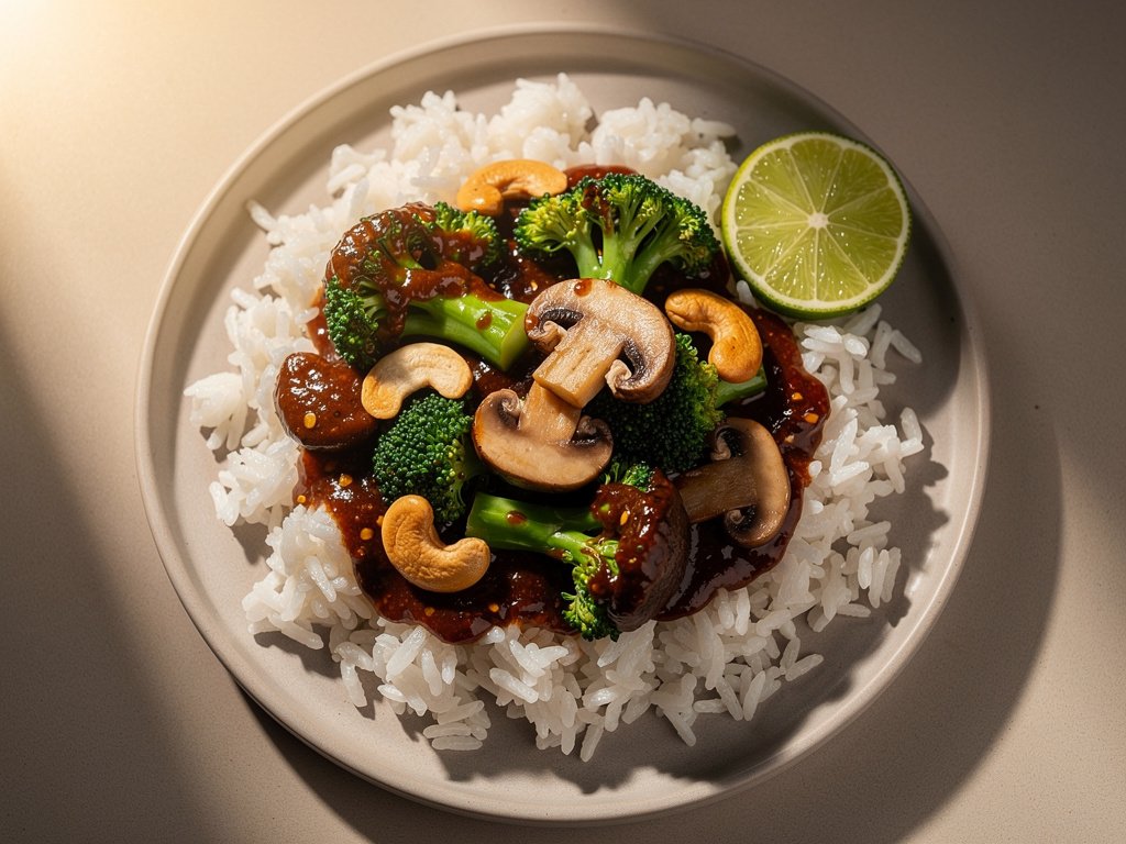 Spicy Szechuan Broccoli and Mushroom Stir-Fry with Cashews and Ginger Rice