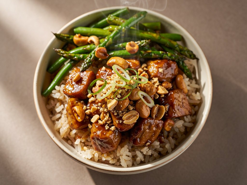 Spicy Szechuan Chicken and Green Bean Stir-Fry with Ginger Rice and Candied Peanuts