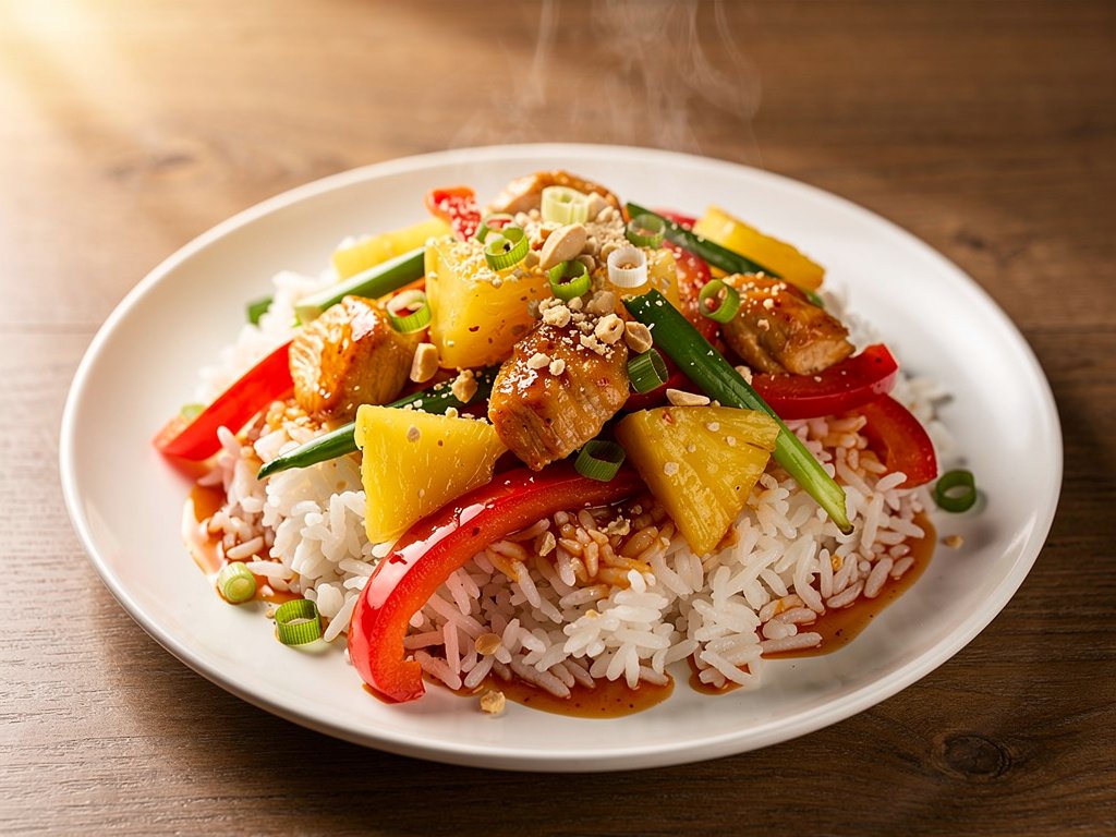 Spicy Szechuan Chicken and Pineapple Stir-Fry with Ginger Rice