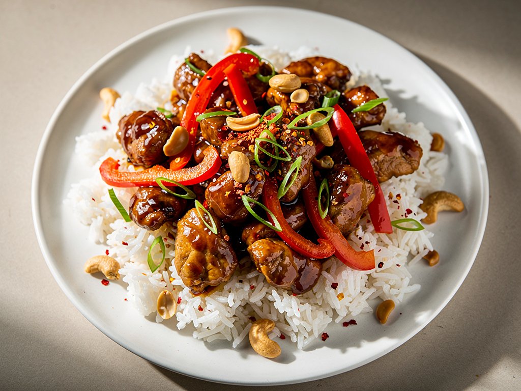 Spicy Szechuan Chicken Stir-Fry with Peanuts and Jasmine Rice