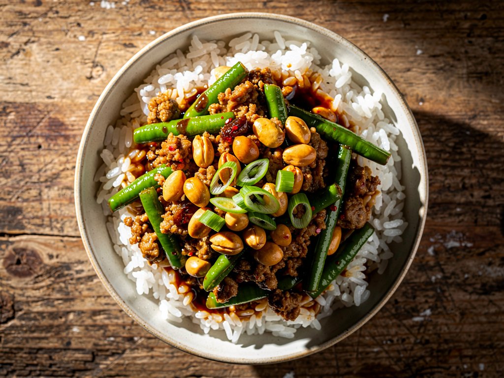 Spicy Szechuan Pork and Green Bean Stir-Fry with Candied Peanuts