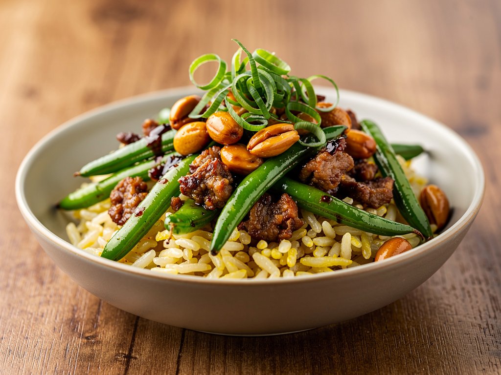 Spicy Szechuan Pork and Green Bean Stir-Fry with Candied Peanuts