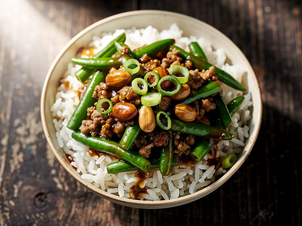 Spicy Szechuan Pork and Green Bean Stir-Fry with Candied Peanuts