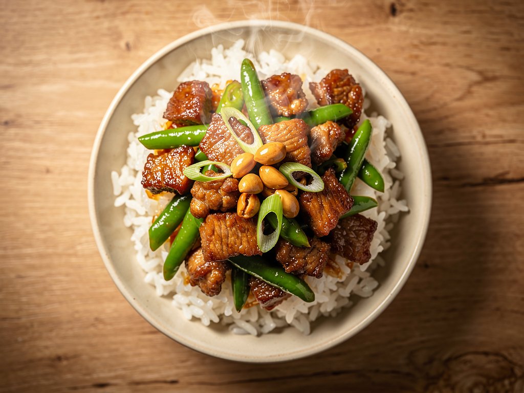 Spicy Szechuan Pork and Green Bean Stir-Fry with Candied Peanuts