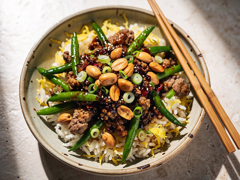 Spicy Szechuan Pork and Green Bean Stir-Fry with Candied Peanuts