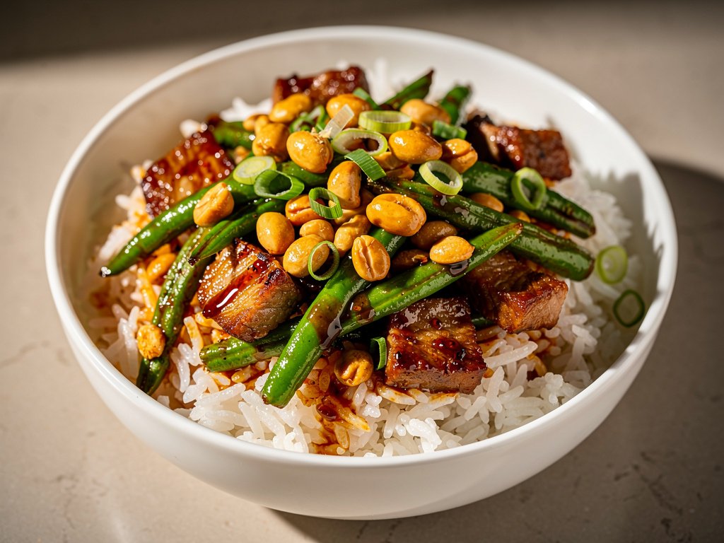 Spicy Szechuan Pork and Green Bean Stir-Fry with Candied Peanuts and Ginger Rice