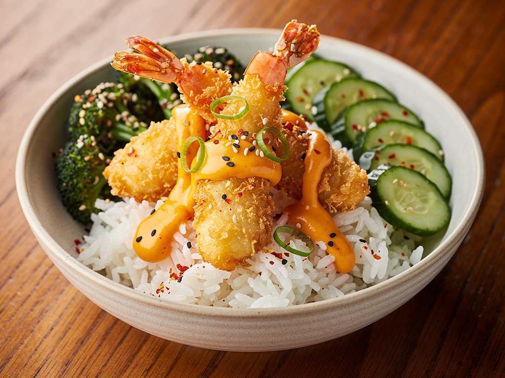 Spicy Tempura Shrimp Bowls with Sesame Broccoli and Quick Pickles