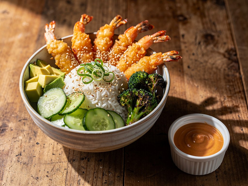 Spicy Tempura Shrimp Bowls with Sesame Broccoli and Quick Pickles