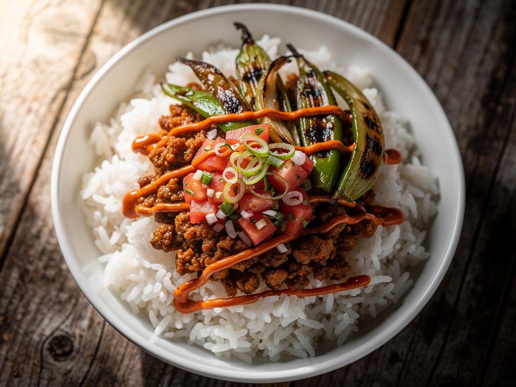 Spicy Tex-Mex Pork Burrito Bowls with Charred Peppers and Smoky Crema