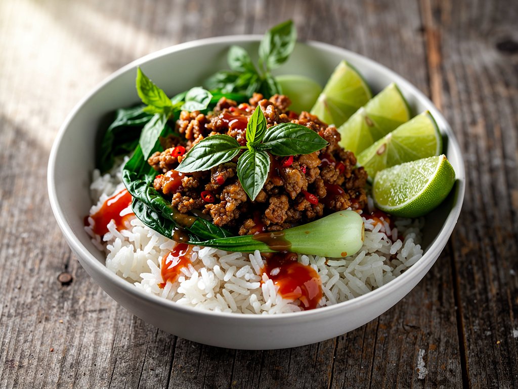 Spicy Thai Basil Pork Stir-Fry with Bok Choy and Jasmine Rice