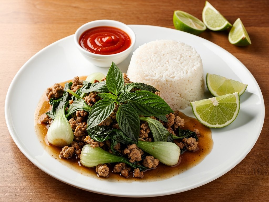 Spicy Thai Pork and Basil Stir-Fry with Bok Choy and Jasmine Rice
