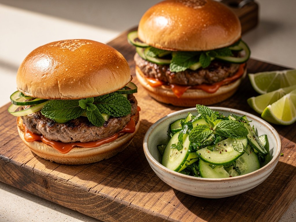 Spicy Thai Pork Burgers with Cucumber Mint Salad