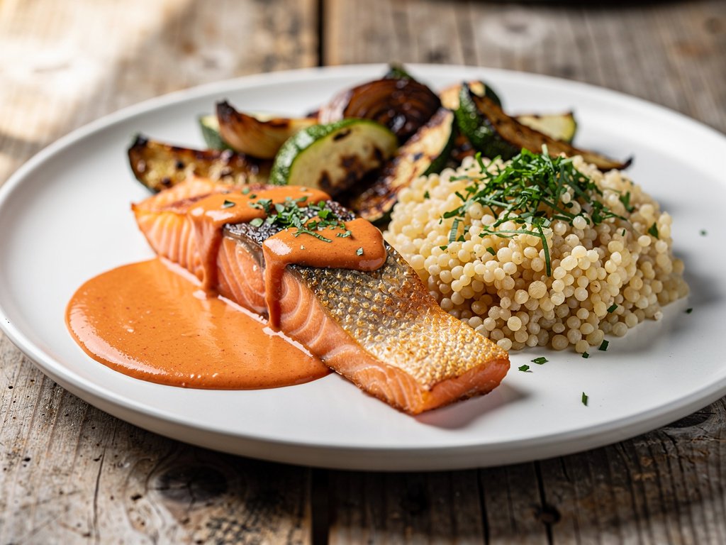 Spicy Tuscan Salmon with Garlic Israeli Couscous and Roasted Vegetables