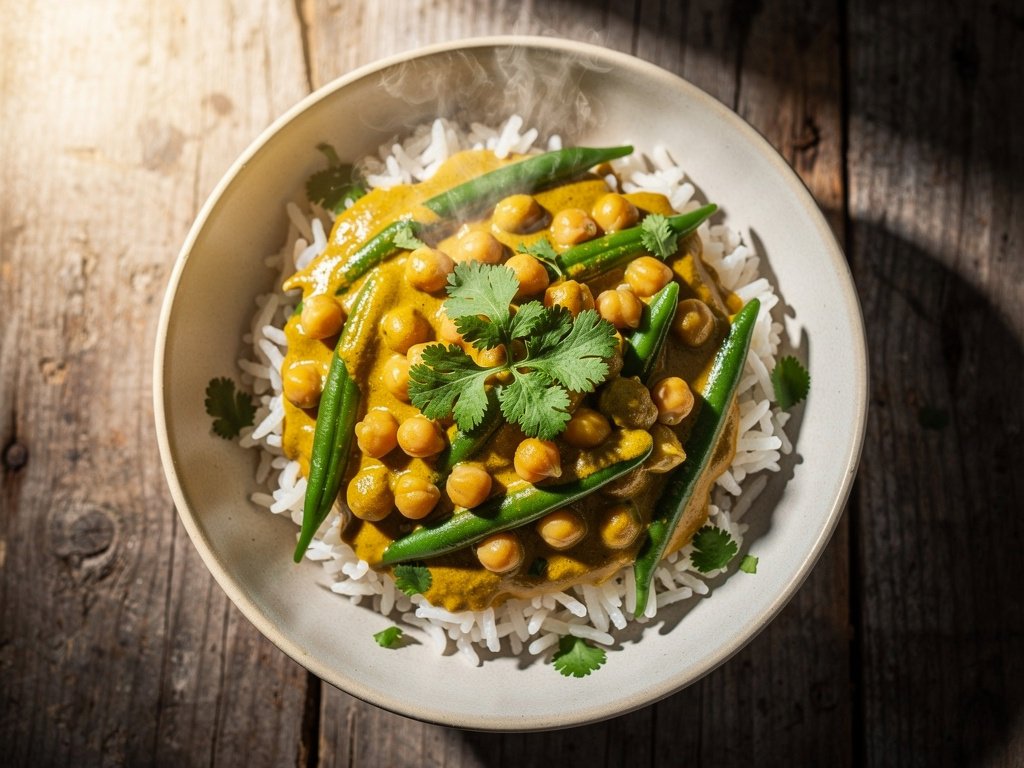 Spicy Vegan Chickpea Coconut Curry with Green Beans and Basmati Rice