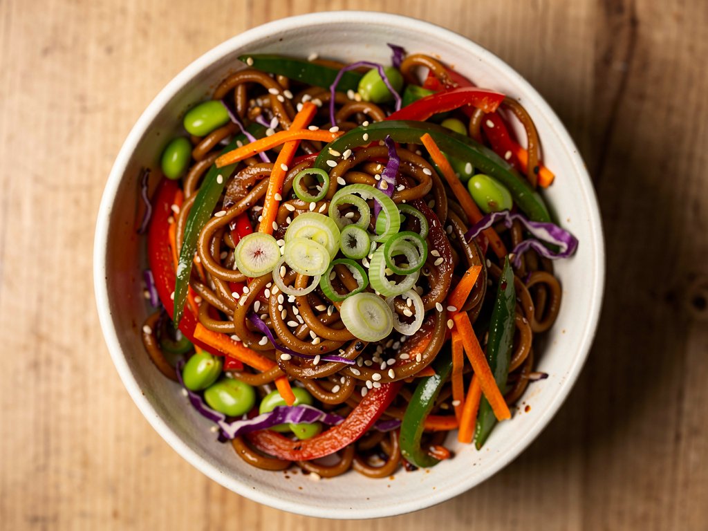 Spicy Vegan Ramen Stir-Fry with Edamame and Bell Peppers