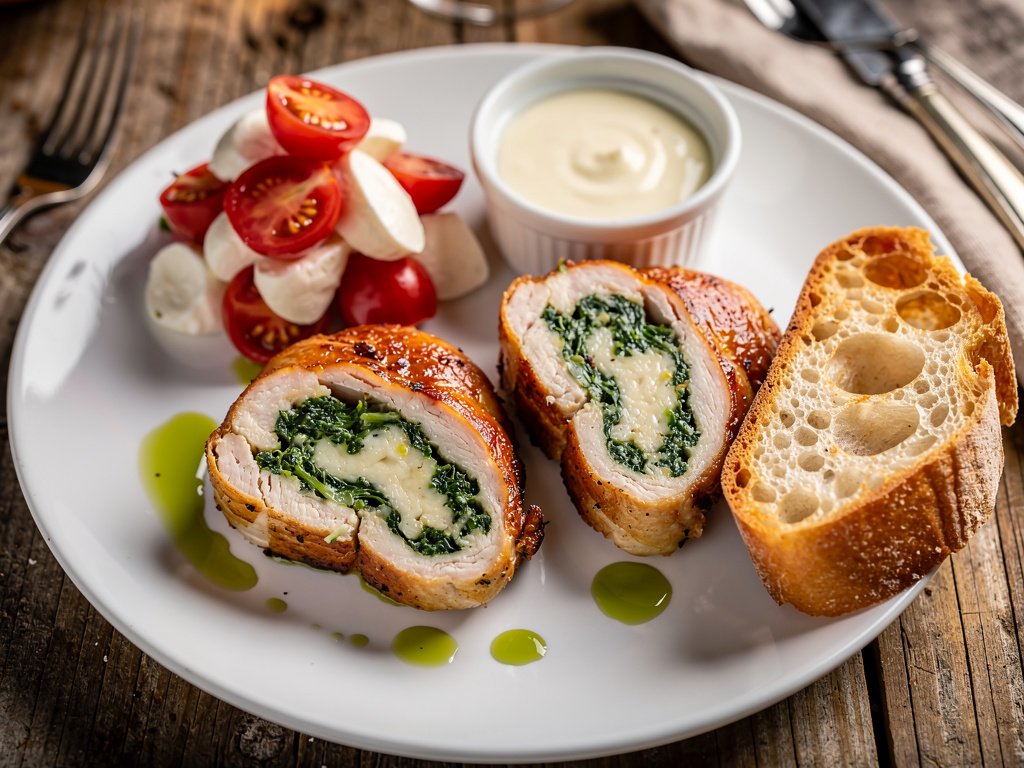 Spinach and Cheese Stuffed Chicken with Caprese Salad and Toasted Ciabatta