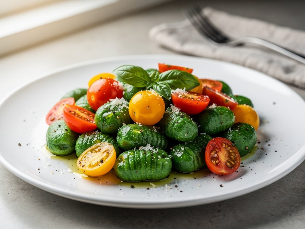 Spinach Gnocchi with Tomatoes and Garlic Butter Breadcrumbs