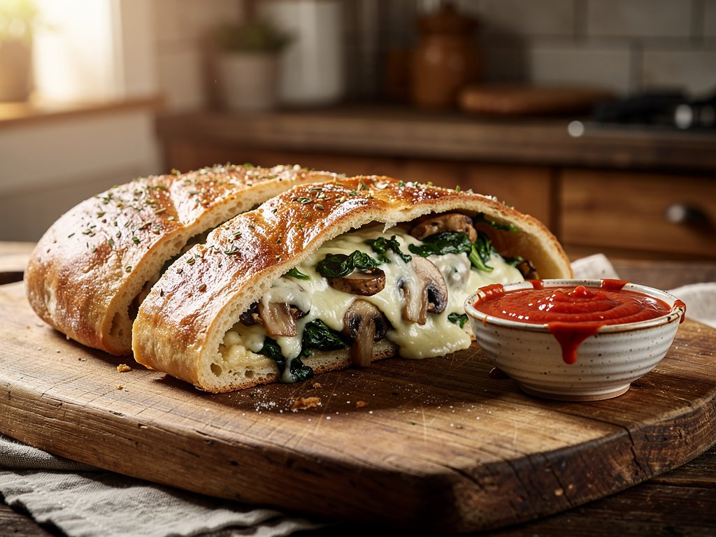 Spinach and Mushroom Stromboli with Marinara Dipping Sauce
