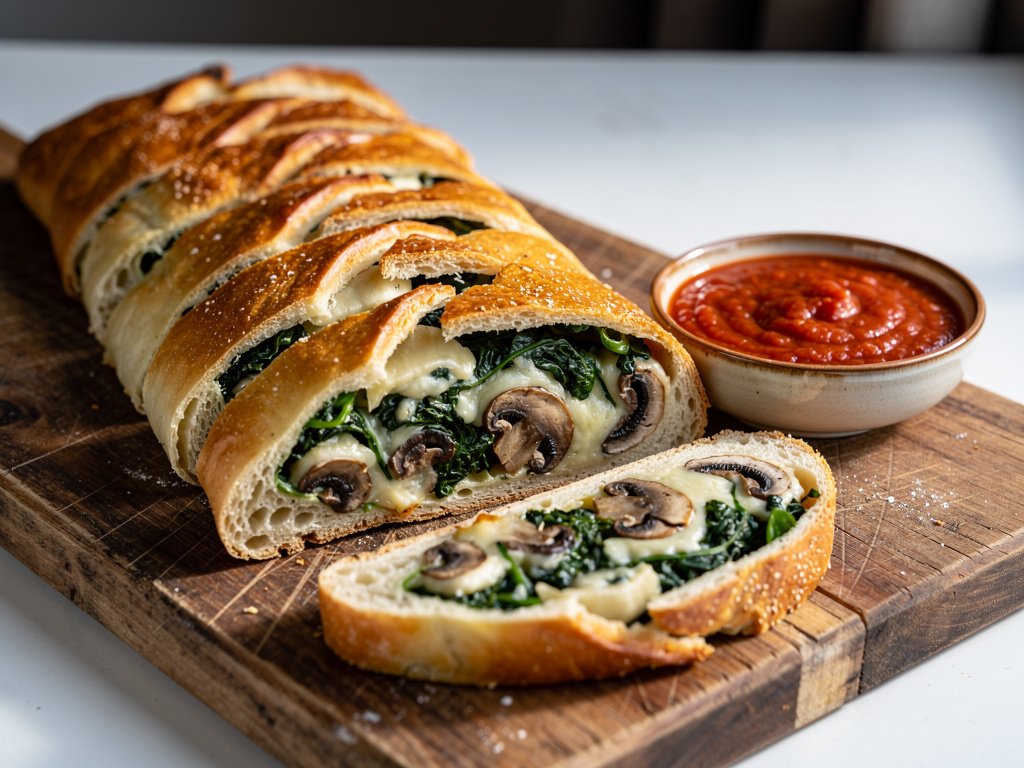 Spinach Mushroom Stromboli with Marinara Dipping Sauce