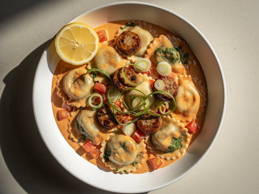 Quick Spinach Ricotta Ravioli with Chicken Sausage and Tomato Cream Sauce