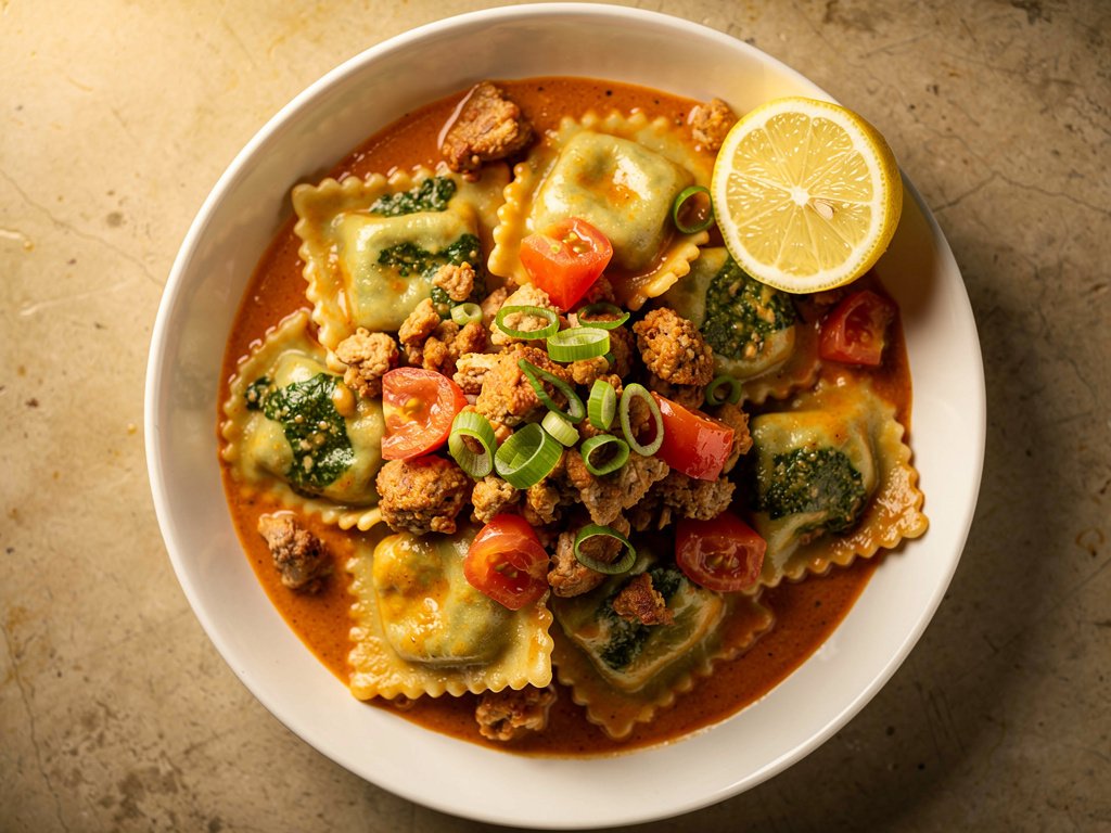 Quick Spinach Ricotta Ravioli with Chicken Sausage and Tomato Cream Sauce