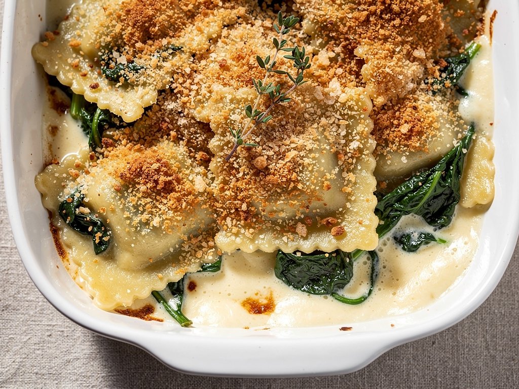Spinach and Ricotta Ravioli Gratin with Parmesan Breadcrumbs