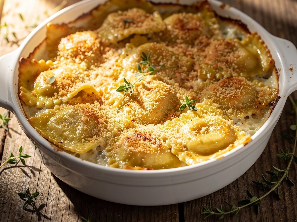Spinach and Ricotta Ravioli Gratin with Parmesan Breadcrumbs