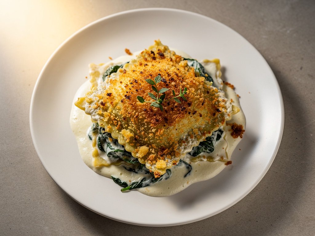 Spinach and Ricotta Ravioli Gratin with Parmesan Breadcrumbs