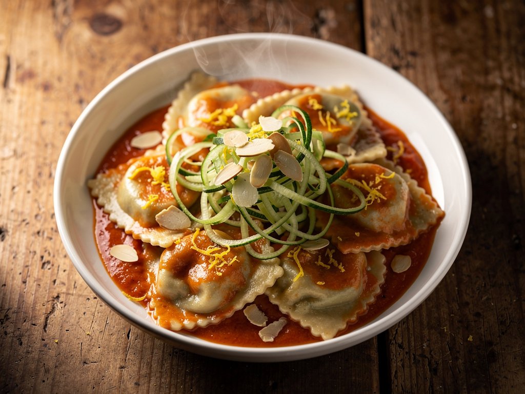 Spinach Ricotta Ravioli with Garlic Tomato Cream Sauce and Zucchini Ribbons