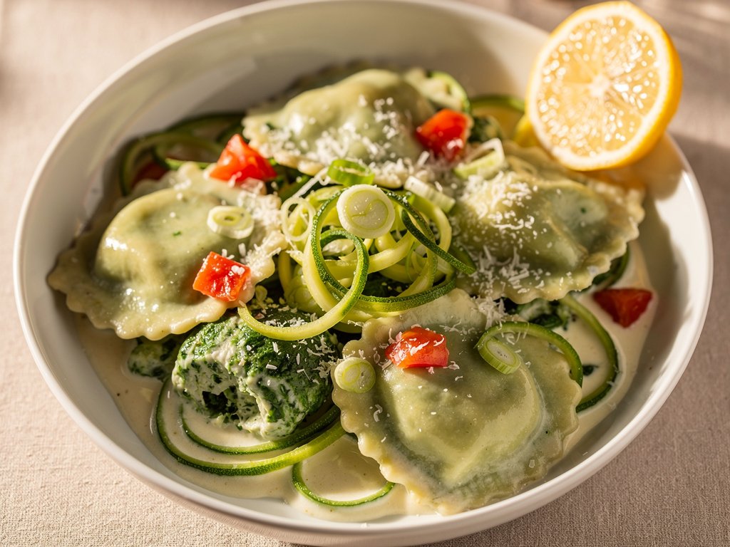 Spinach Ricotta Ravioli with Zucchini Ribbons and Creamy Lemon Sauce