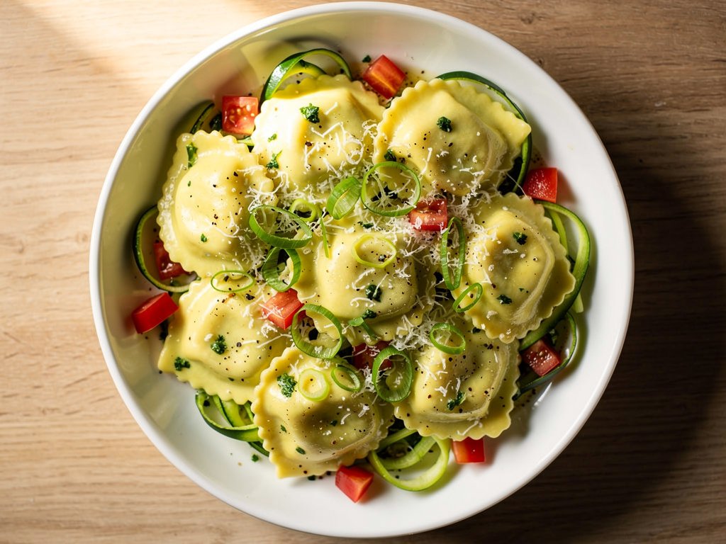 Spinach Ricotta Ravioli with Zucchini Ribbons and Creamy Lemon Sauce