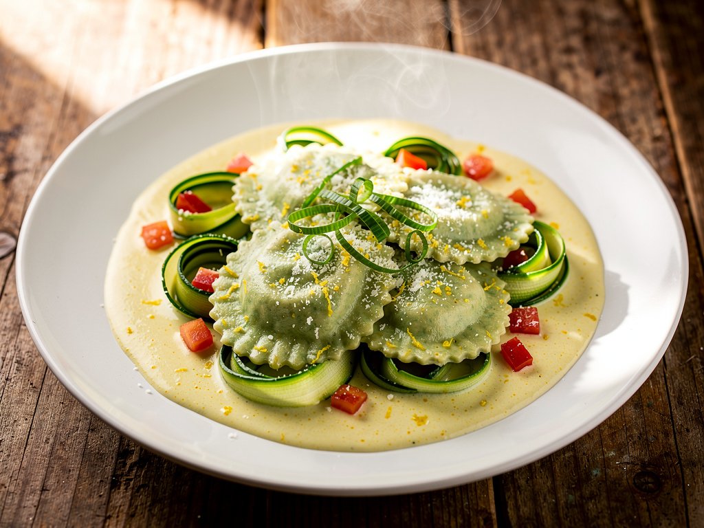 Spinach Ricotta Ravioli with Zucchini Ribbons and Creamy Lemon Sauce
