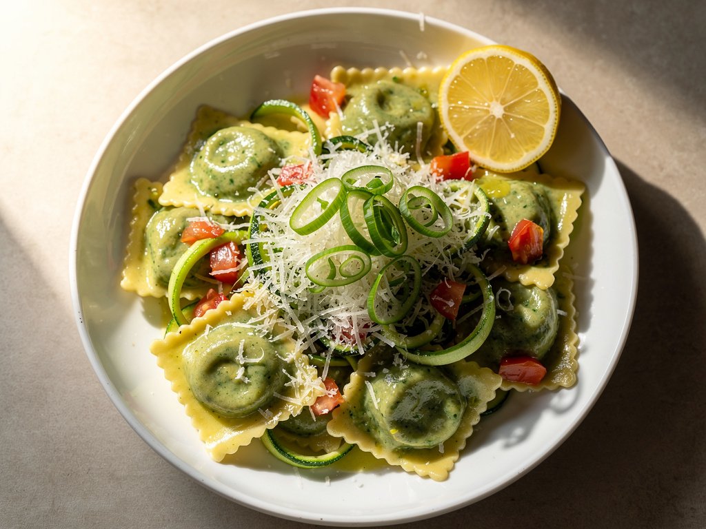 Spinach Ricotta Ravioli with Zucchini Ribbons and Creamy Lemon Sauce
