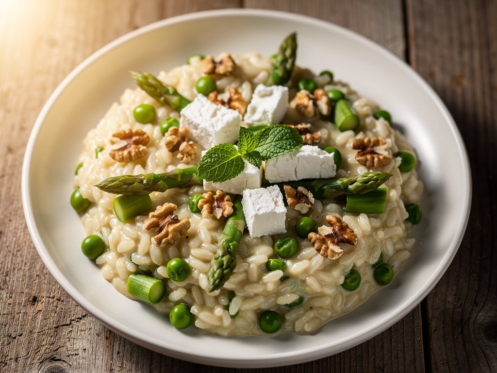 Spring Asparagus and Pea Risotto with Goat Cheese and Walnuts