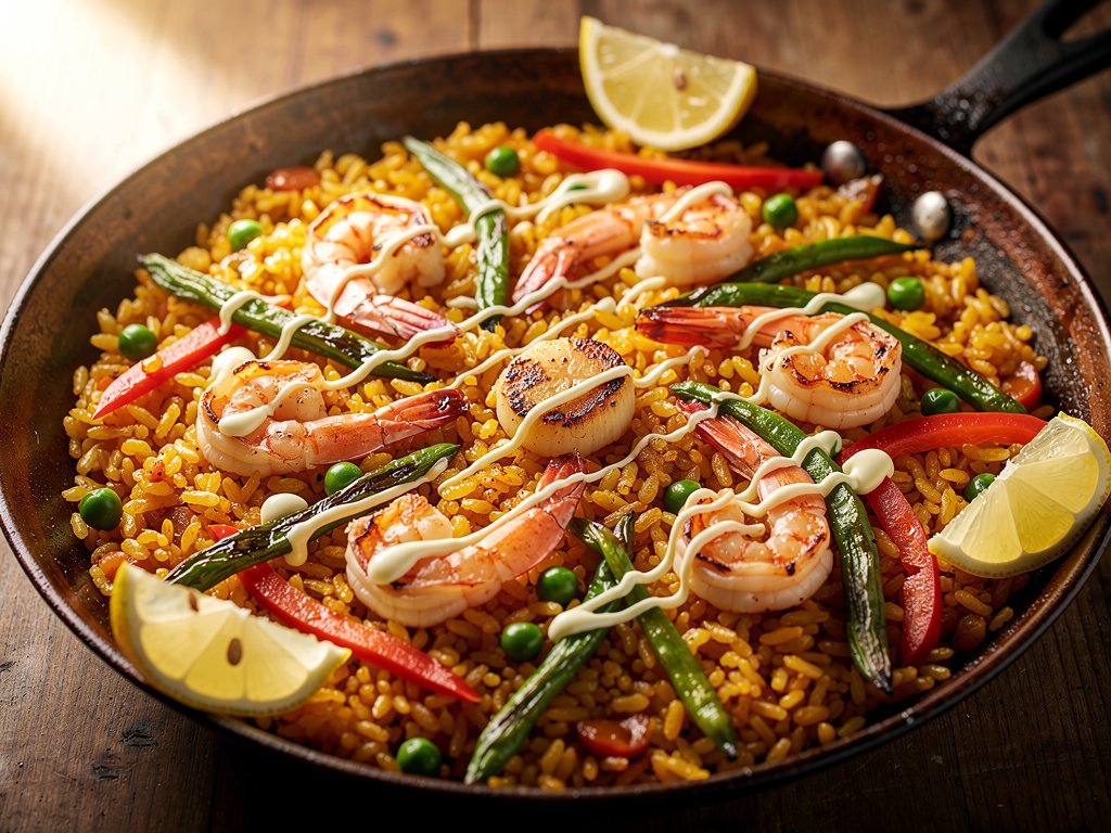 Spring Shrimp and Scallop Paella with Charred Green Beans and Lemon Aioli