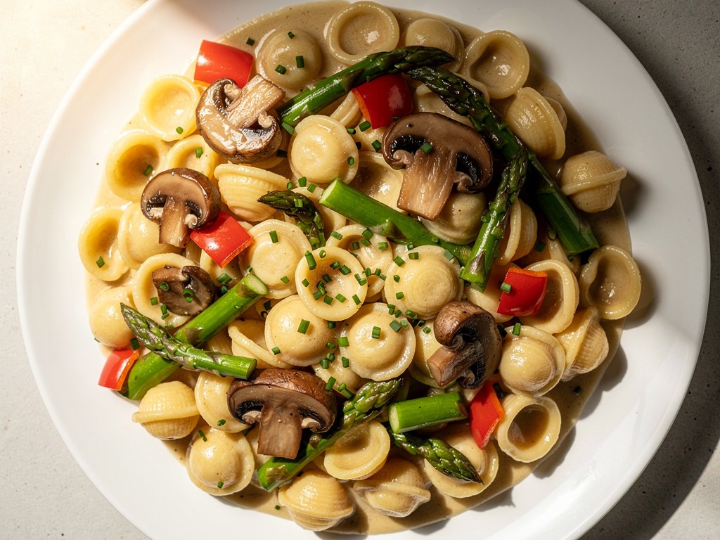 Spring Vegetable Orecchiette with Mushrooms and Asparagus