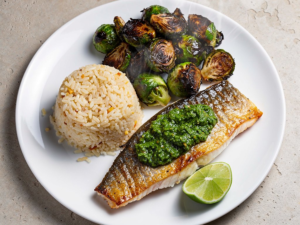Sriracha Scallion Pesto Barramundi with Ginger Rice and Roasted Brussels Sprouts