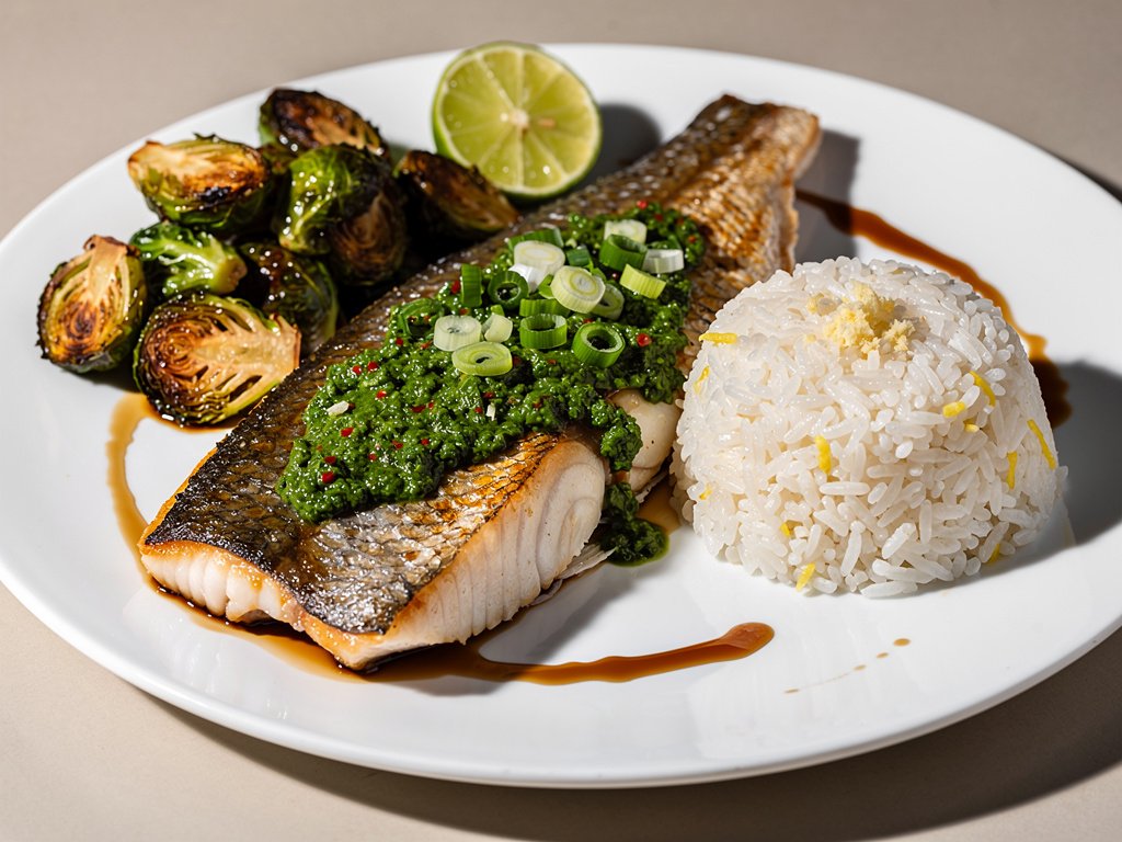 Sriracha Scallion Pesto Barramundi with Ginger Rice and Roasted Brussels Sprouts
