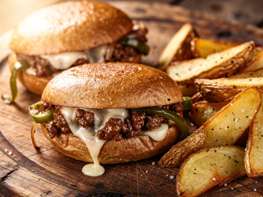 Stadium-Style Sloppy Joes with Mozzarella, Green Pepper, and Crispy Potato Wedges