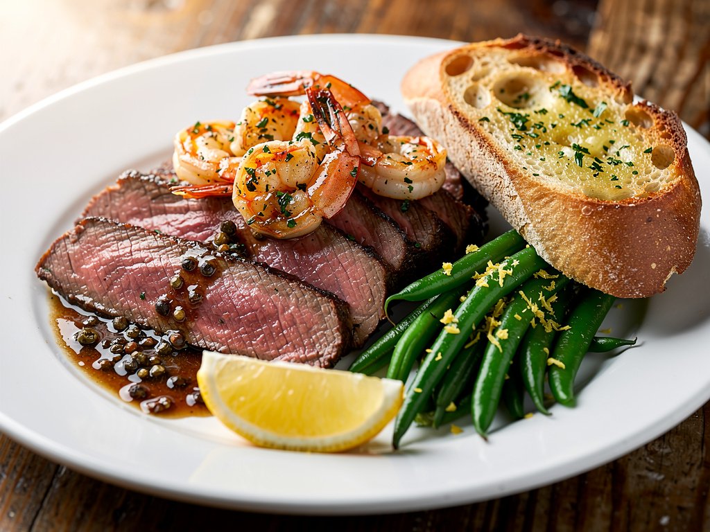 Surf and Turf: Steak au Poivre with Garlic Herb Shrimp and Lemon Green Beans