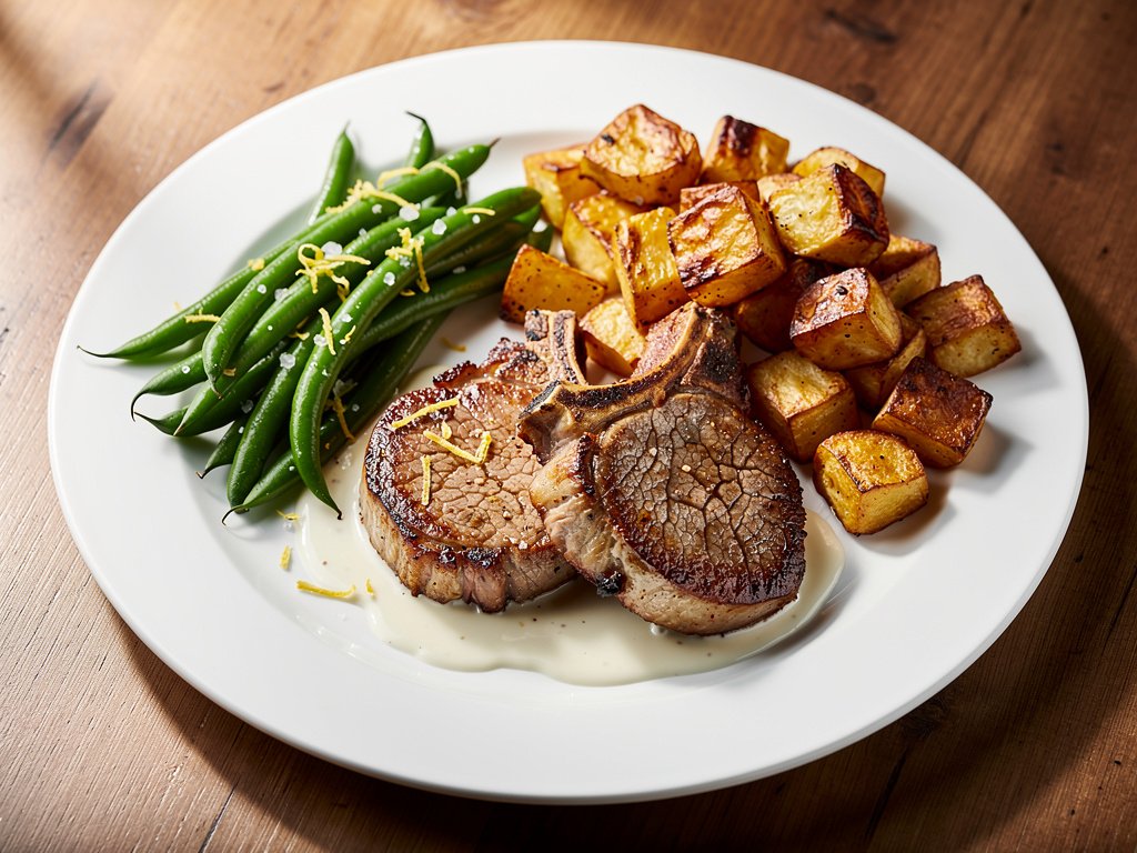 Steak-Seared Pork Chops with Creamy Pan Sauce and Lemon Green Beans
