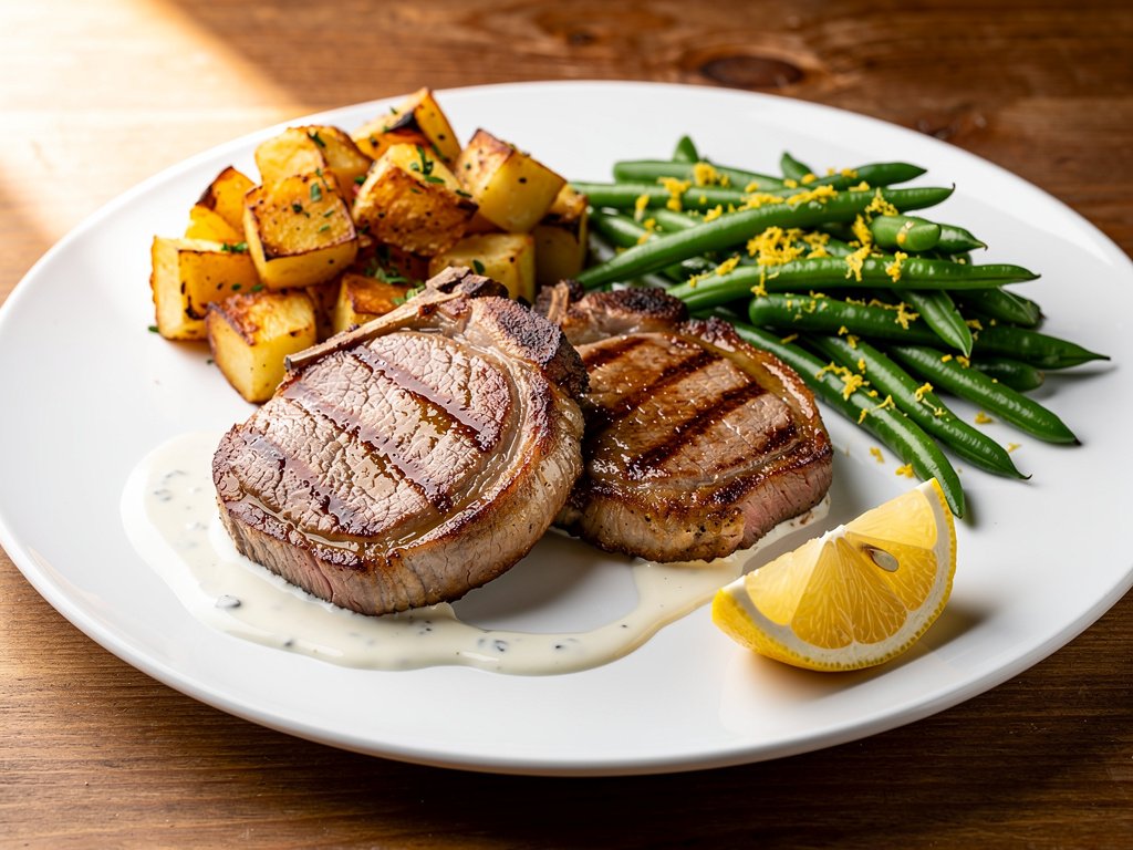 Steak-Seared Pork Chops with Creamy Pan Sauce and Lemony Green Beans