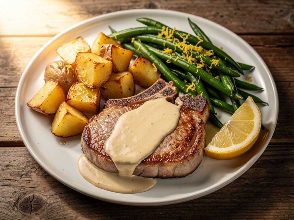 Steak-Spiced Pork Chops with Creamy Shallot Sauce and Lemon Green Beans