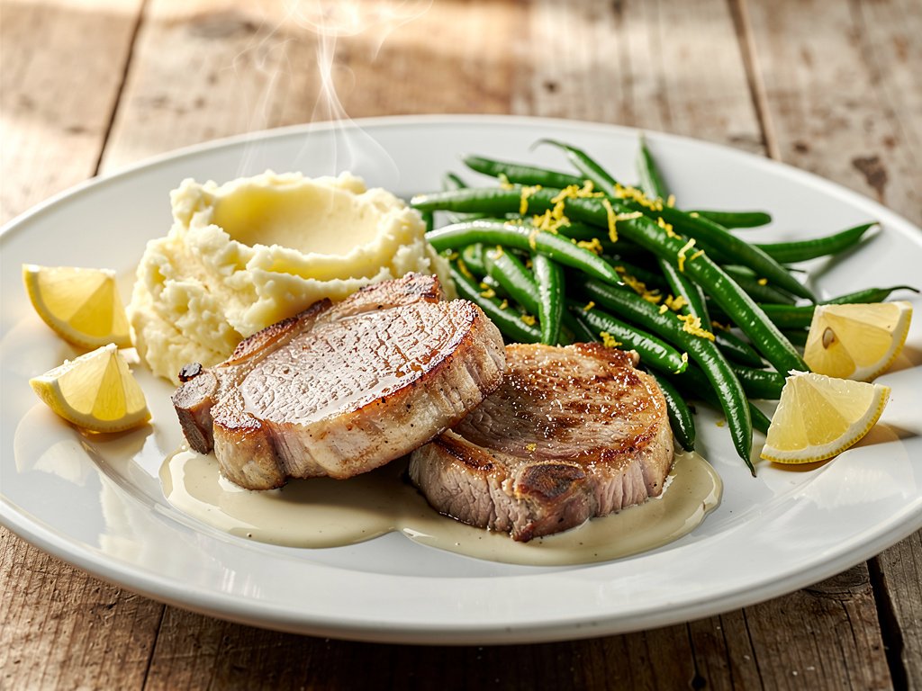 Juicy Steak-Spiced Pork Chops with Creamy Shallot Sauce, Mashed Potatoes, and Lemon Green Beans