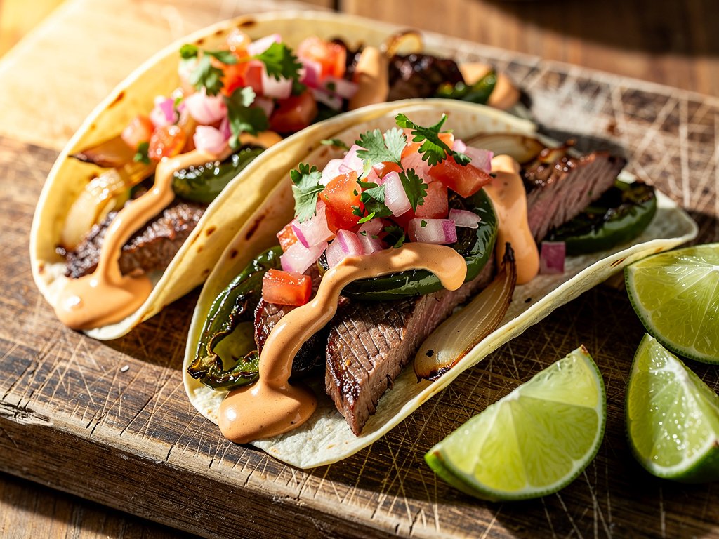 Steak Tacos with Southwest Crema and Pickled Shallot Salsa